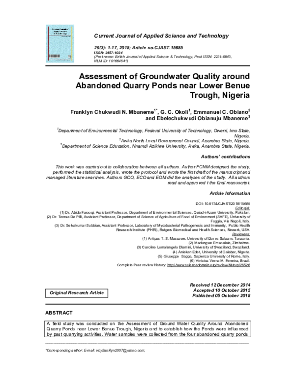 (PDF) Assessment of Groundwater Quality around Abandoned Quarry Ponds ...