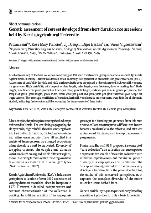 (PDF) Genetic assessment of core set developed from short duration rice ...