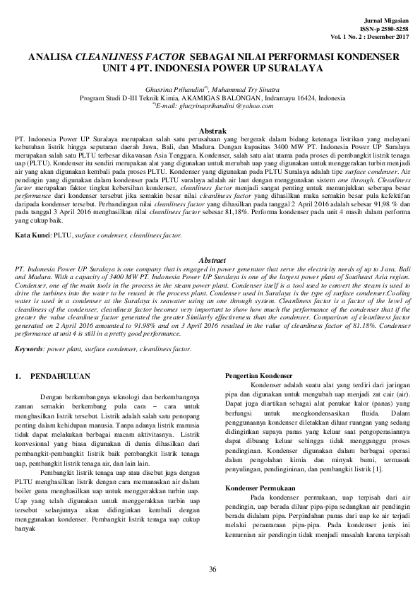 (PDF) Analisa Cleanliness Factor Sebagai Nilai Performasi Kondenser