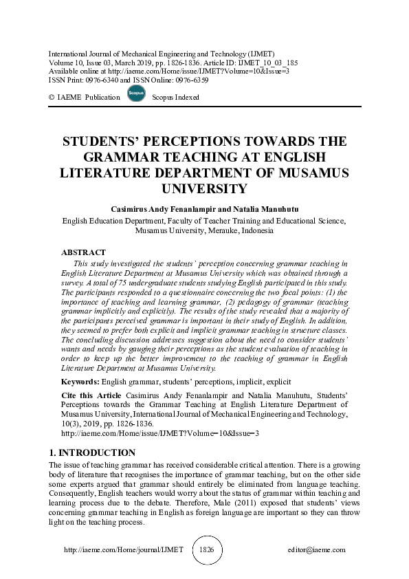 (PDF) STUDENTS’ PERCEPTIONS TOWARDS THE GRAMMAR TEACHING AT ENGLISH ...