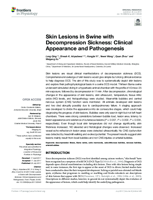 (PDF) Skin Lesions in Swine with Decompression Sickness: Clinical ...