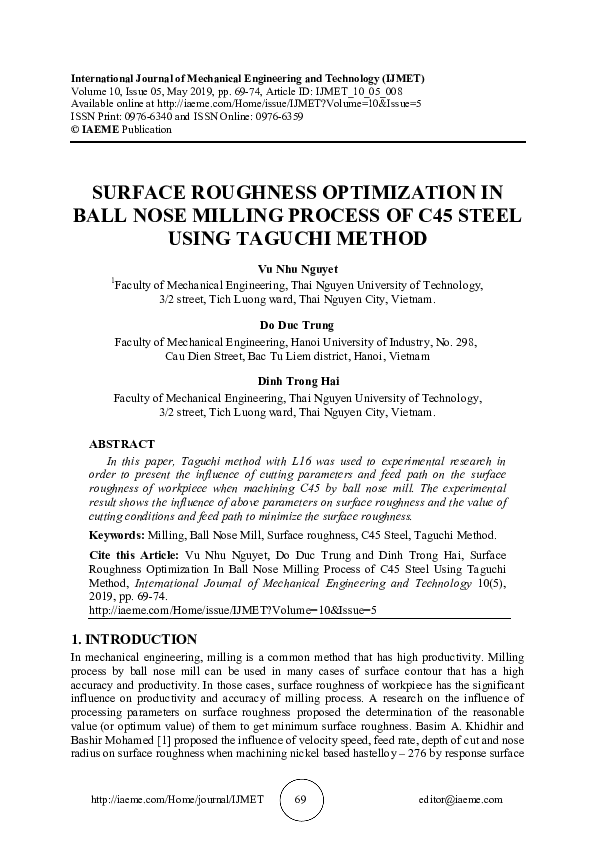 (PDF) SURFACE ROUGHNESS OPTIMIZATION IN BALL NOSE MILLING PROCESS OF ...