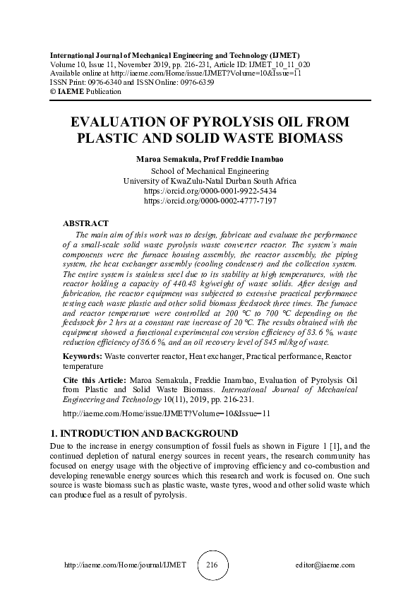 (PDF) EVALUATION OF PYROLYSIS OIL FROM PLASTIC AND SOLID WASTE BIOMASS