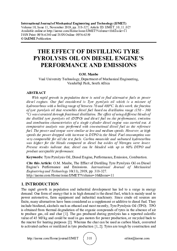 (PDF) THE EFFECT OF DISTILLING TYRE PYROLYSIS OIL ON DIESEL ENGINE’S ...
