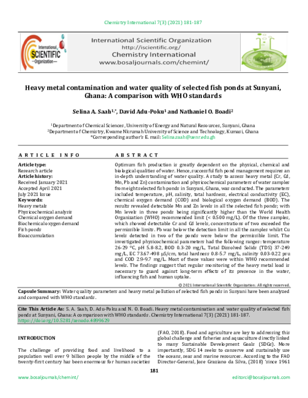 (PDF) Heavy metal contamination and water quality of selected fish ...