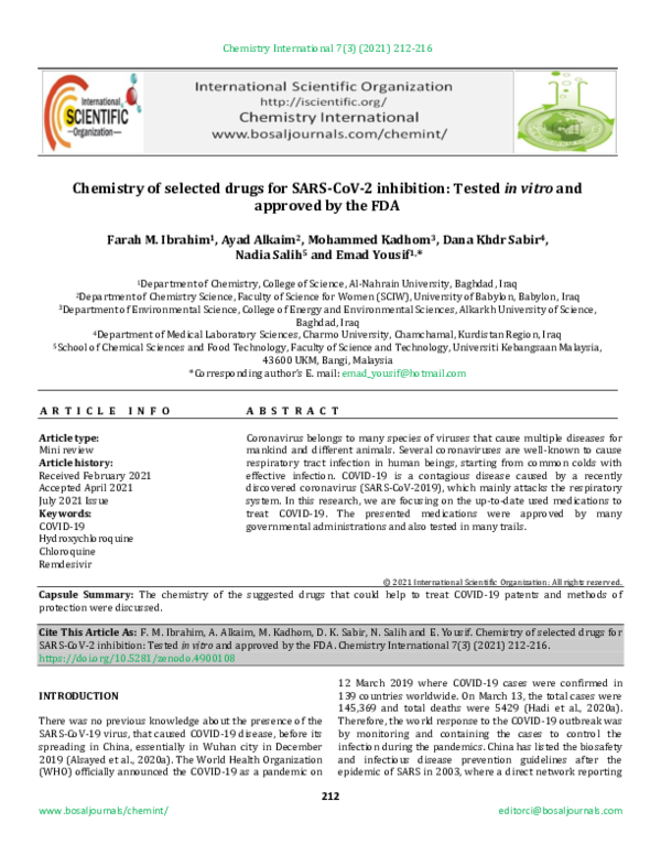 (PDF) Chemistry of selected drugs for SARS-CoV-2 inhibition: Tested in ...