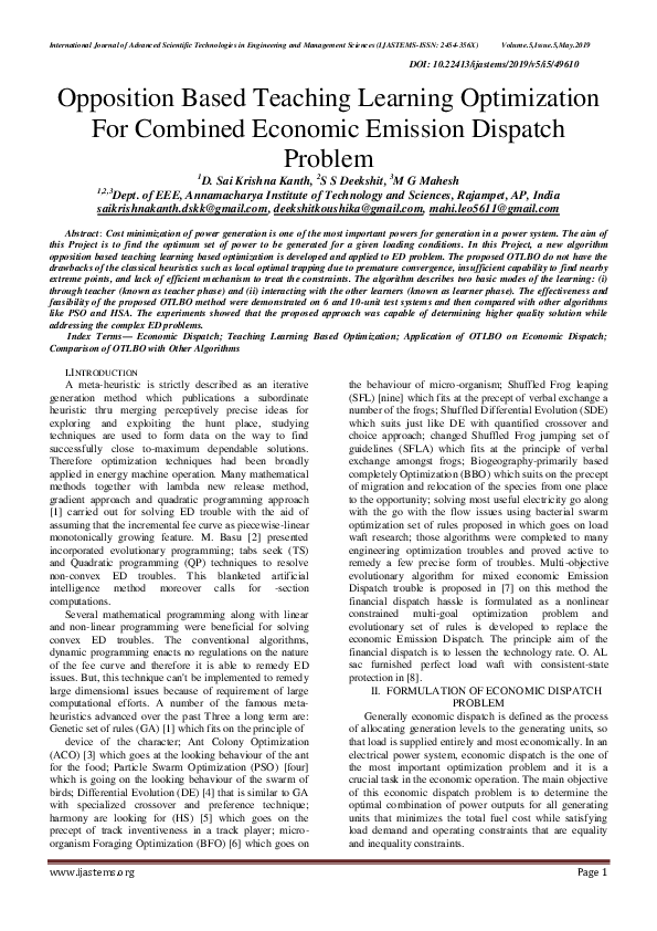 (PDF) Opposition Based Teaching Learning Optimization For Combined ...