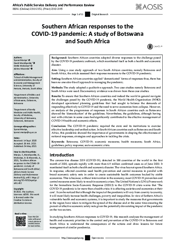 (PDF) Southern African responses to the COVID-19 pandemic: A study of ...