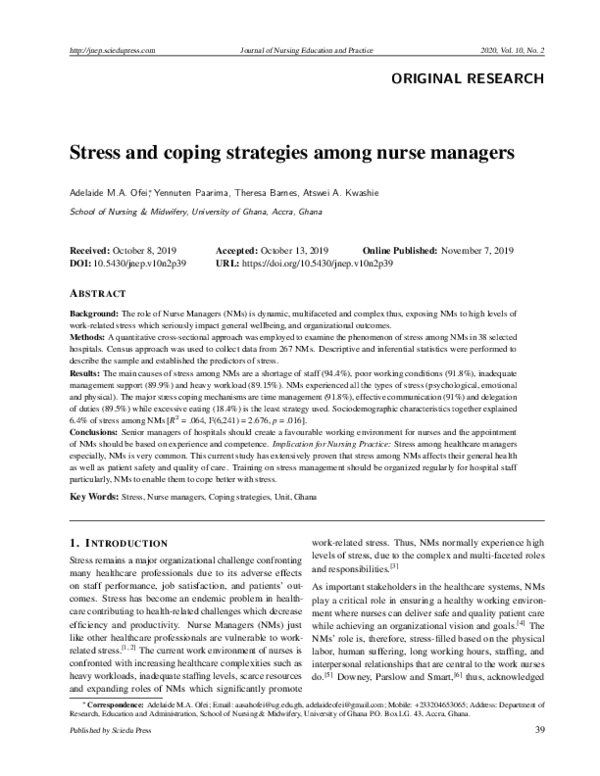 (PDF) Stress and coping strategies among nurse managers