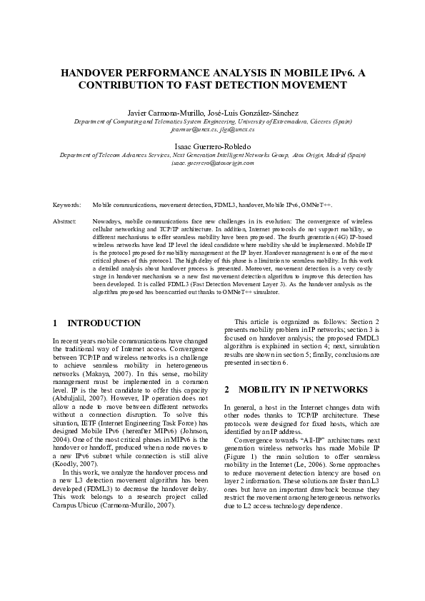 (PDF) HANDOVER PERFORMANCE ANALYSIS IN MOBILE IPv6. A CONTRIBUTION TO ...