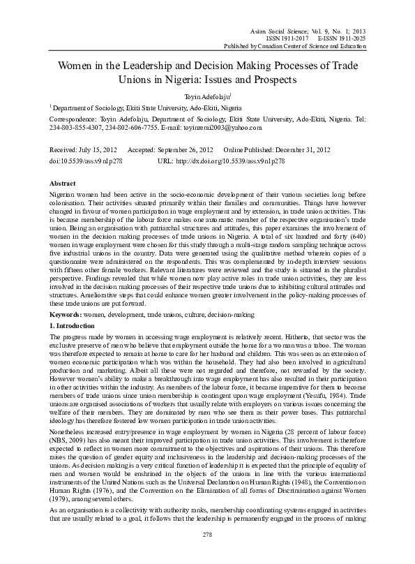 (PDF) Women in the Leadership and Decision Making Processes of Trade ...