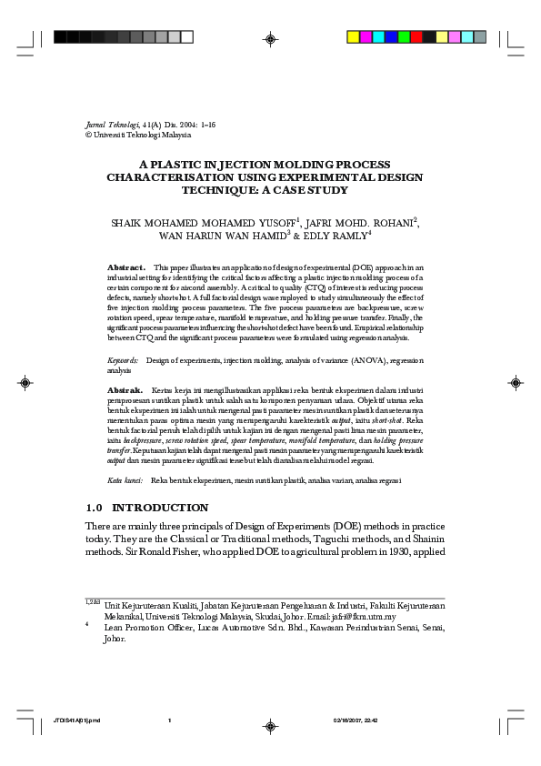 (PDF) A Plastic Injection Molding Process Characterisation Using ...