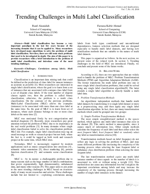 (PDF) Trending Challenges in Multi Label Classification