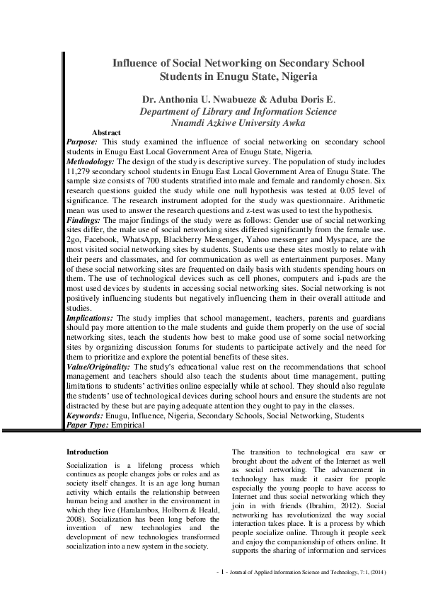 (PDF) Influence of Social Networking on Secondary School Students in ...