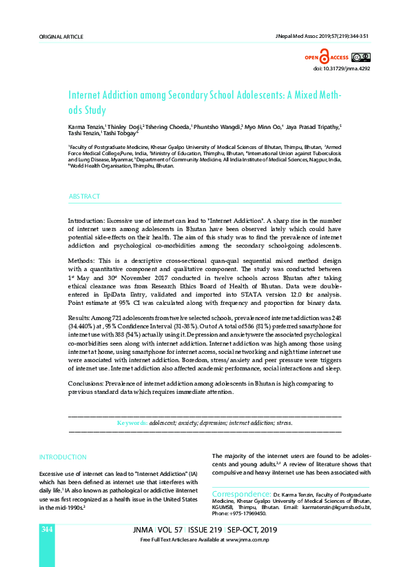 (PDF) Internet Addiction among Secondary School Adolescents: A Mixed ...