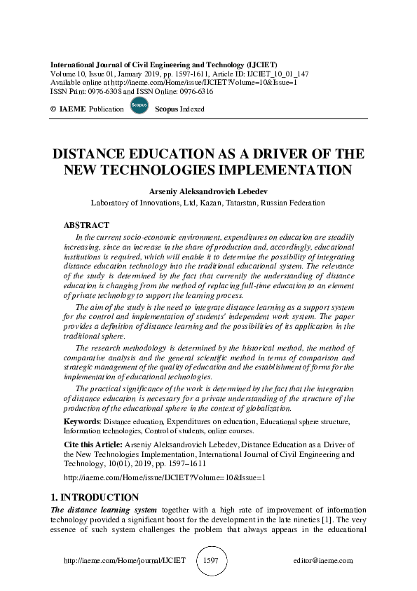 (PDF) DISTANCE EDUCATION AS A DRIVER OF THE NEW TECHNOLOGIES IMPLEMENTATION