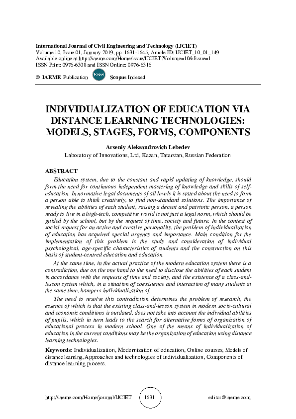(PDF) INDIVIDUALIZATION OF EDUCATION VIA DISTANCE LEARNING TECHNOLOGIES ...