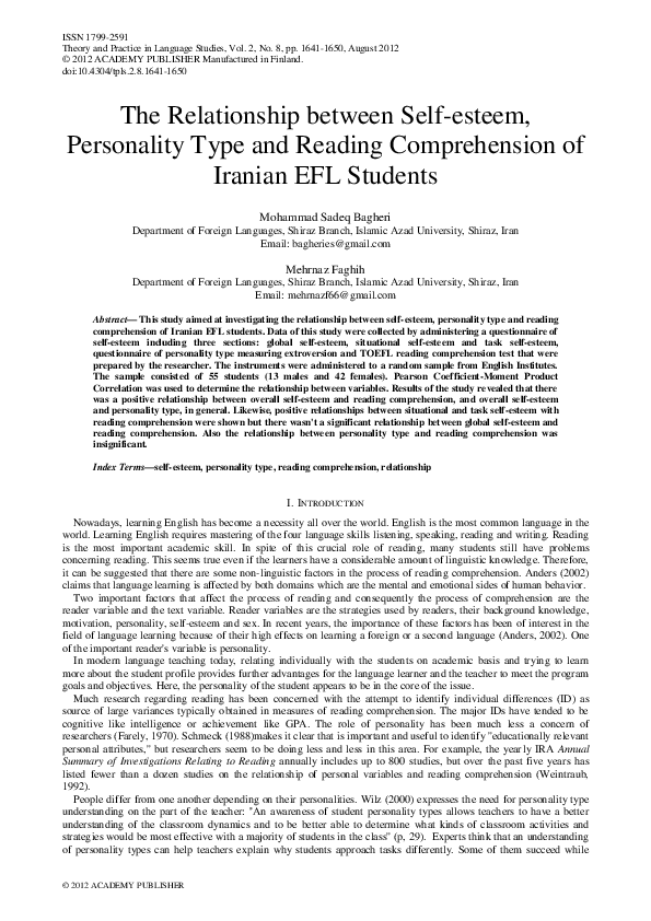 (PDF) The Relationship between Self-esteem, Personality Type and ...