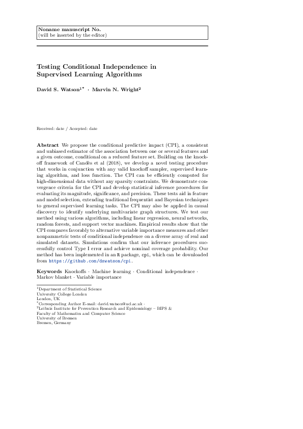 (PDF) Testing Conditional Independence in Supervised Learning Algorithms