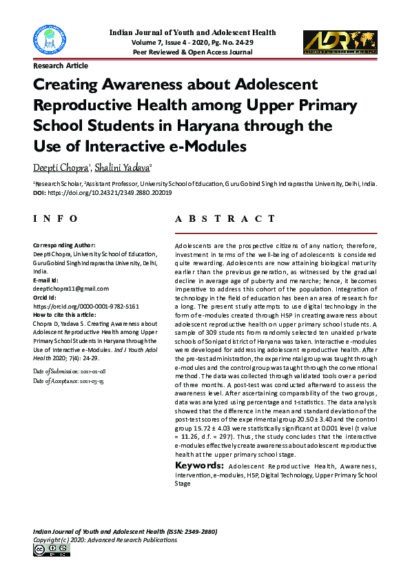 (PDF) Creating Awareness about Adolescent Reproductive Health among ...