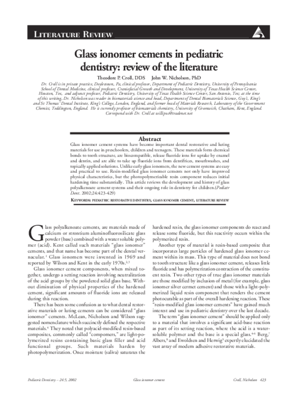 (PDF) Glass ionomer cements in pediatric dentistry review of the literature John Nicholson