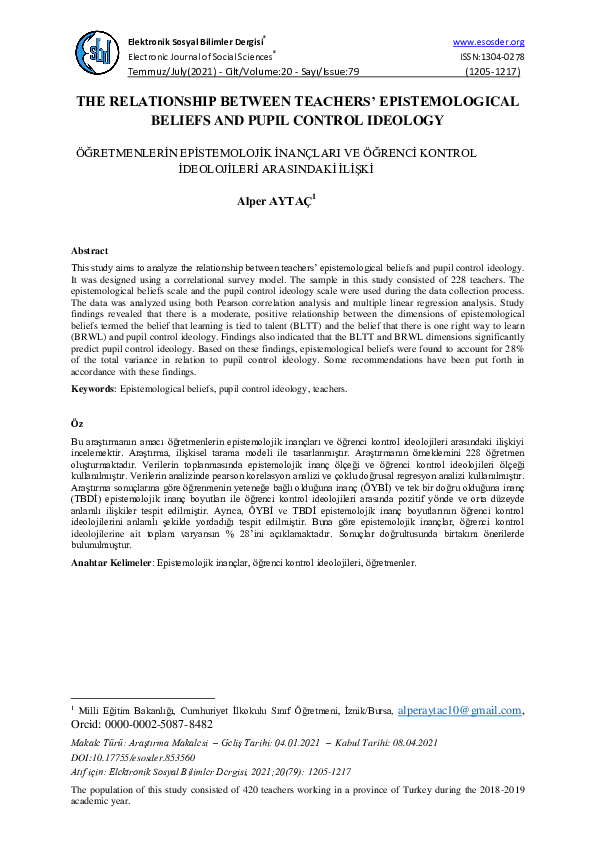 (PDF) THE RELATIONSHIP BETWEEN TEACHERS' EPISTEMOLOGICAL BELIEFS AND ...
