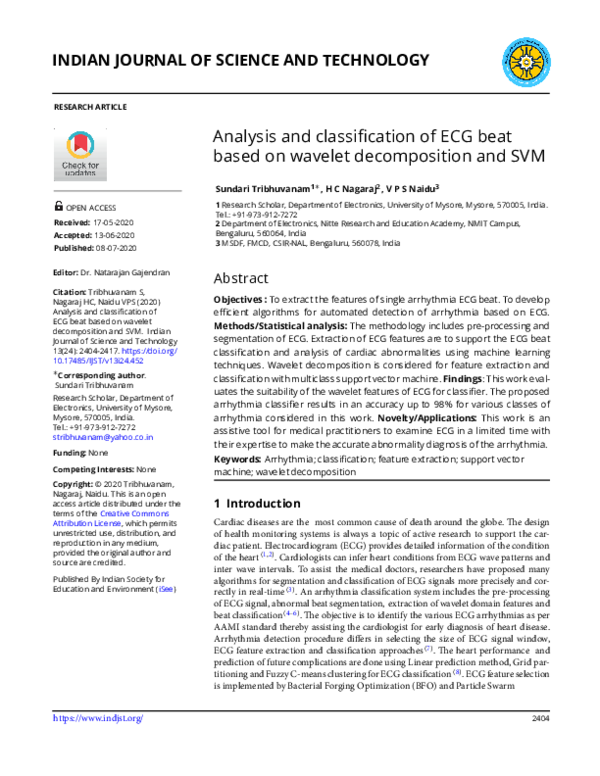 (PDF) Analysis and classification of ECG beat based on wavelet ...