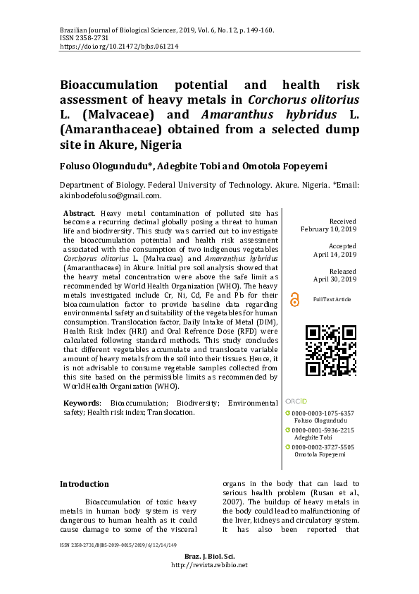 (PDF) Bioaccumulation potential and health risk assessment of heavy ...