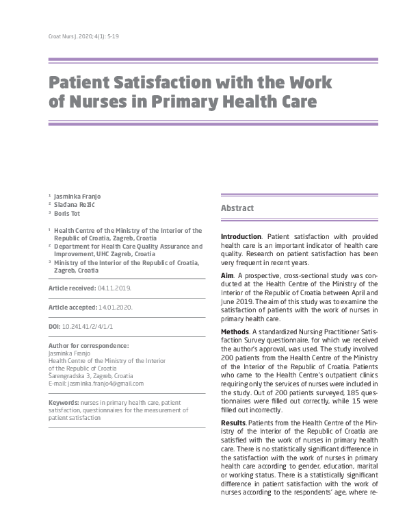 (PDF) Patient Satisfaction with the Work of Nurses in Primary Health Care