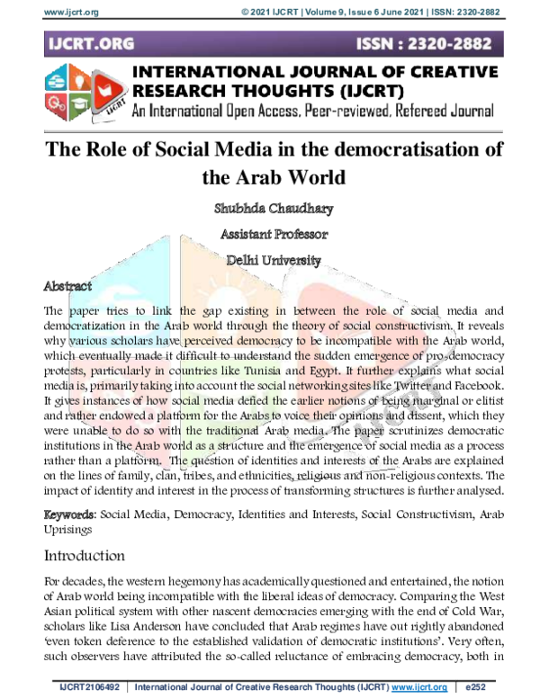 (PDF) The Role of Social Media in the democratisation of the Arab World