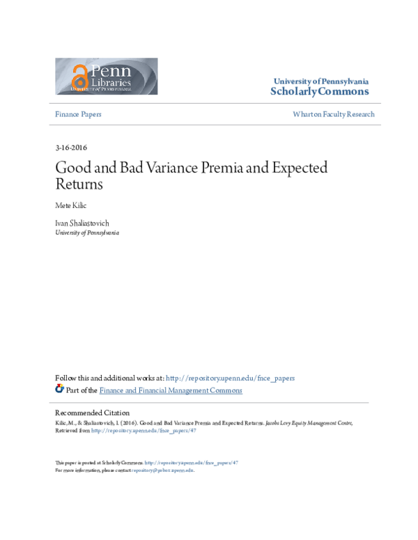 (PDF) Good and Bad Variance Premia and Expected Returns