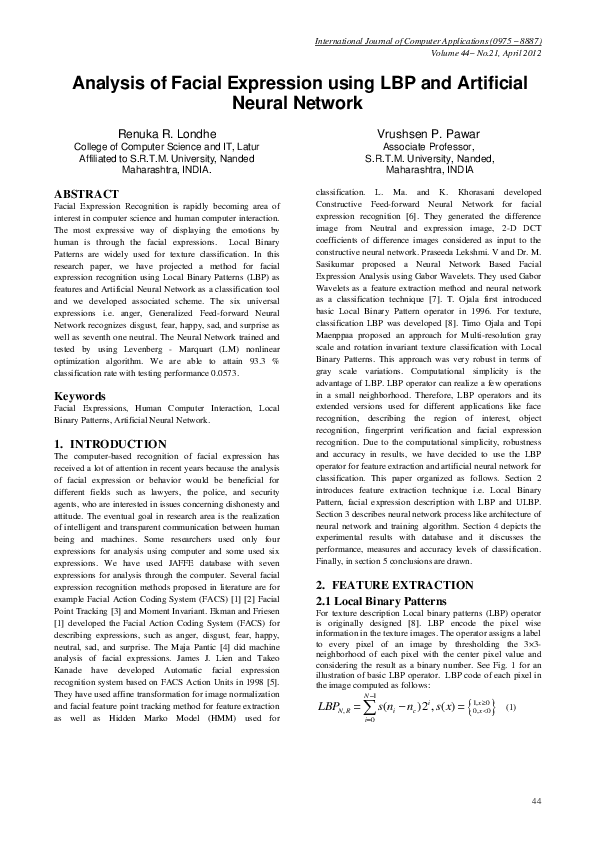 (PDF) Analysis of Facial Expression using LBP and Artificial Neural Network