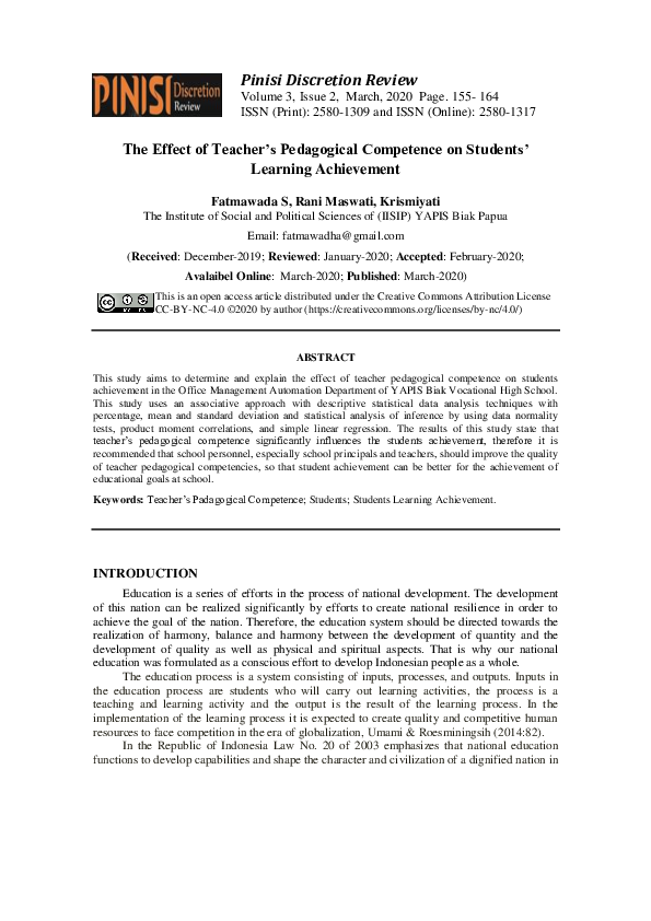 (PDF) The Effect of Teacher's Pedagogical Competence on Students ...