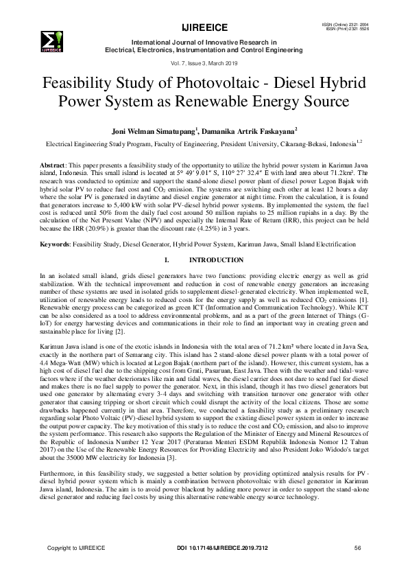 (PDF) Feasibility Study of Photovoltaic - Diesel Hybrid Power System as ...