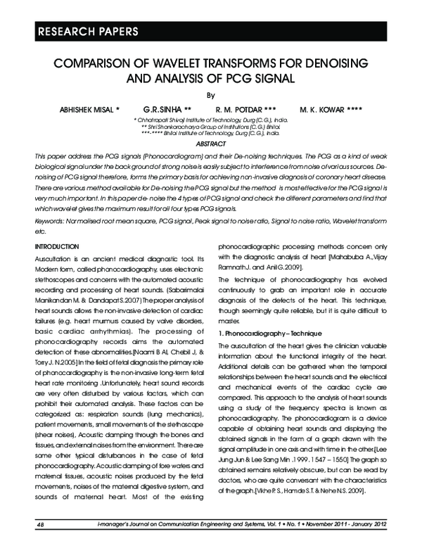(PDF) COMPARISON OF WAVELET TRANSFORMS FOR DENOISING AND ANALYSIS OF ...