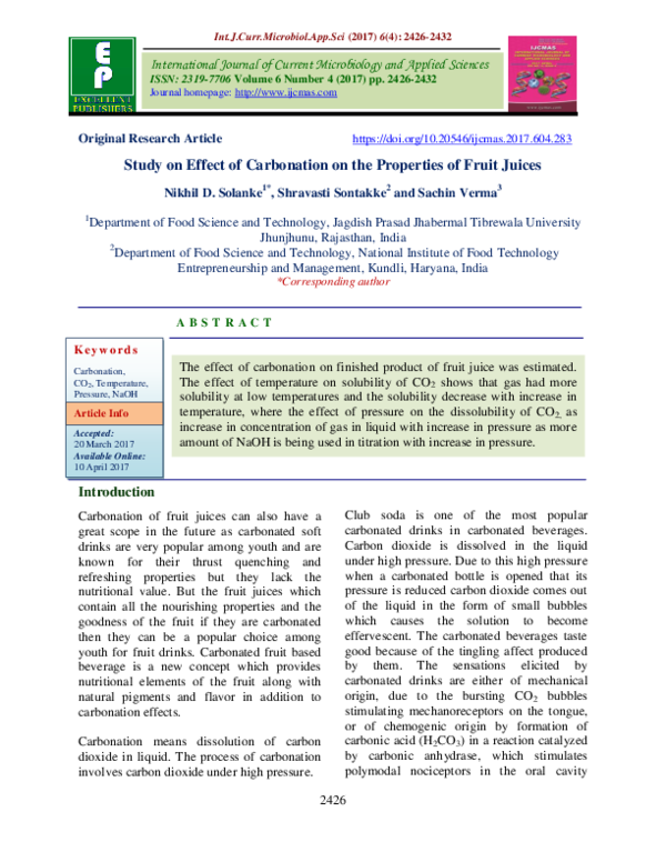 (PDF) Study on Effect of Carbonation on the Properties of Fruit Juices