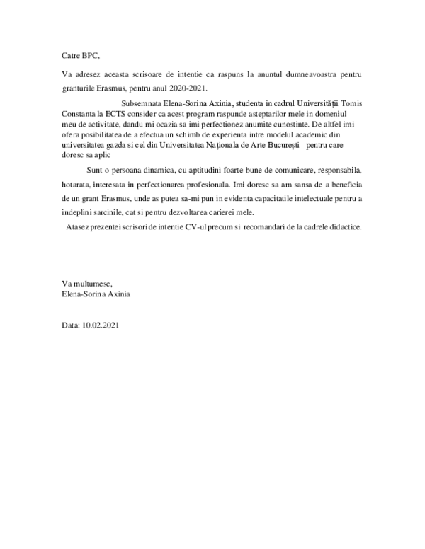 Catre BPC, Va adresez aceasta scrisoare de intentie ca raspuns la anuntul dumneavoastra pentru