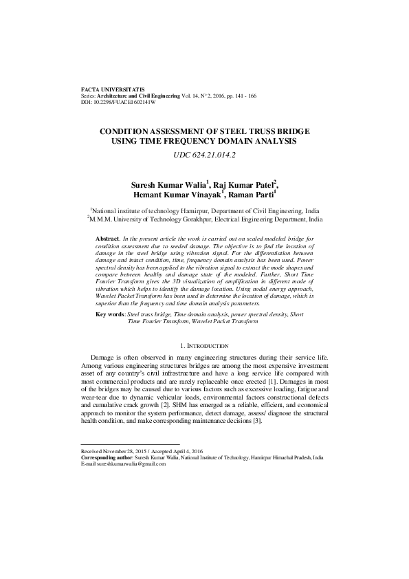 (PDF) Condition assessment of steel truss bridge using time frequency ...