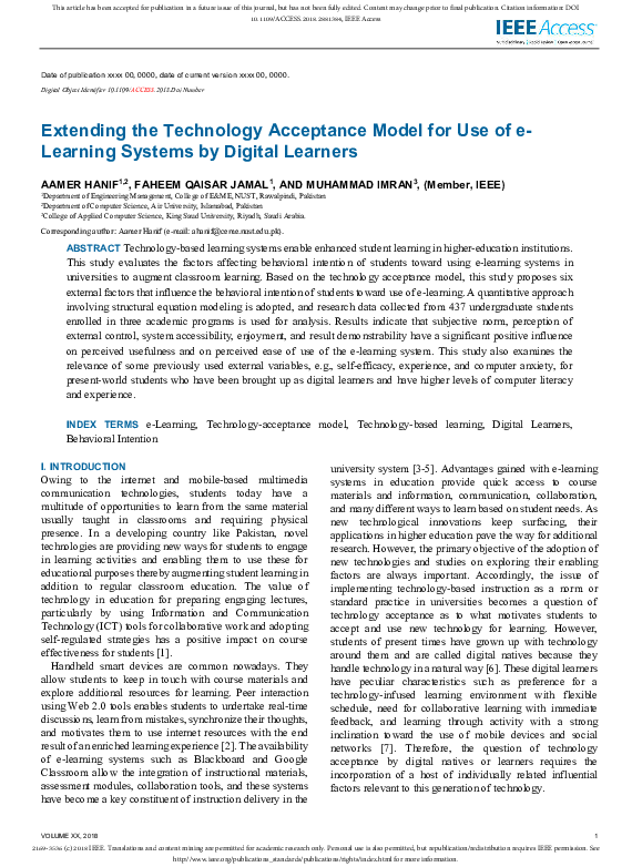 (PDF) Extending the Technology Acceptance Model for Use of e-Learning ...
