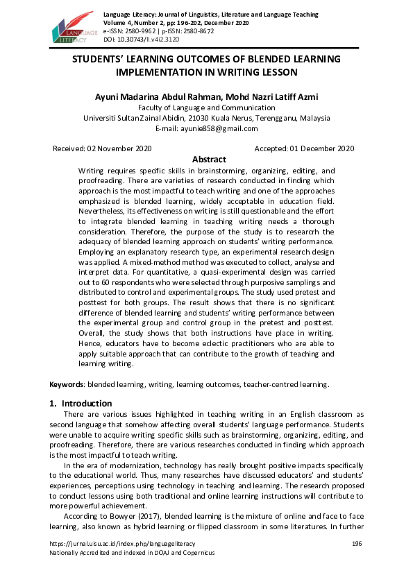 (PDF) Students’ Learning Outcomes of Blended Learning Implementation in ...