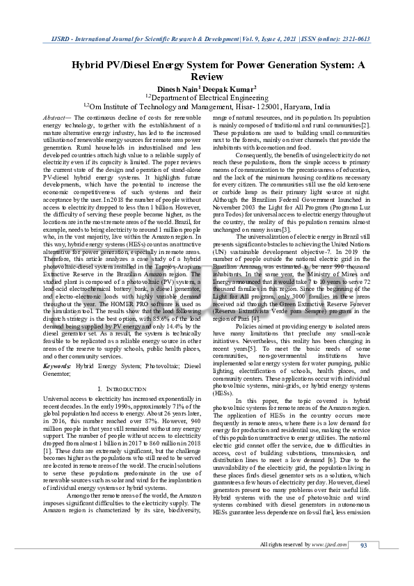 (PDF) Hybrid PV/Diesel Energy System for Power Generation System: A Review