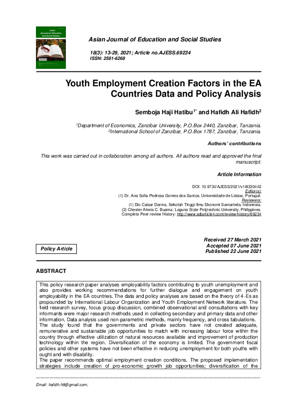 (PDF) Youth Employment Creation Factors in the EA Countries Data and ...
