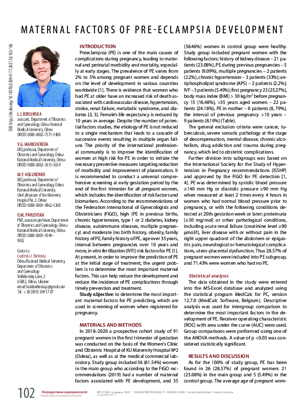 (PDF) Maternal factors of pre-eclampsia development