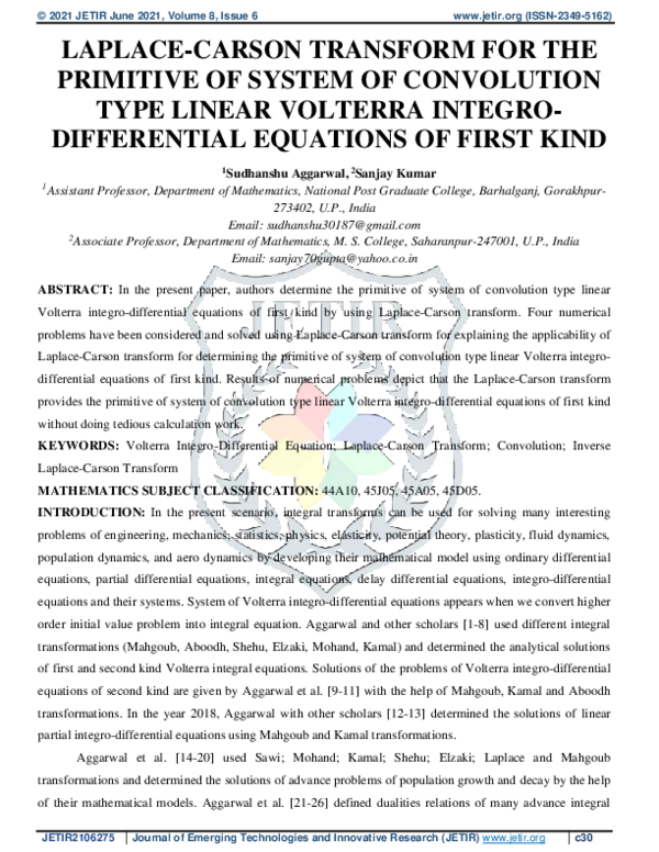 (PDF) LAPLACE-CARSON TRANSFORM FOR THE PRIMITIVE OF SYSTEM OF ...