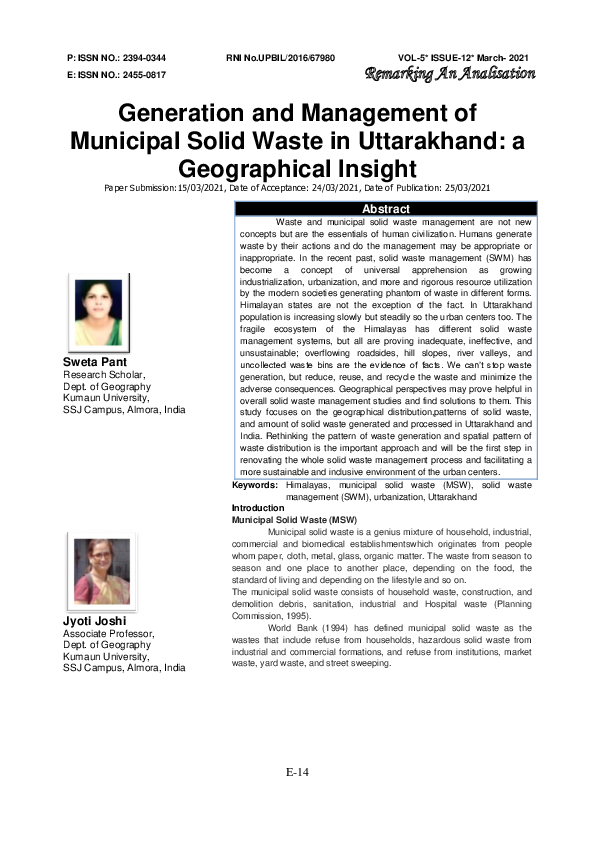 (PDF) Generation and Management of Municipal Solid Waste in Uttarakhand ...