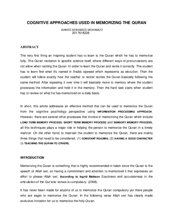 (PDF) COGNITIVE APPROACHES USED IN MEMORIZING THE QURAN