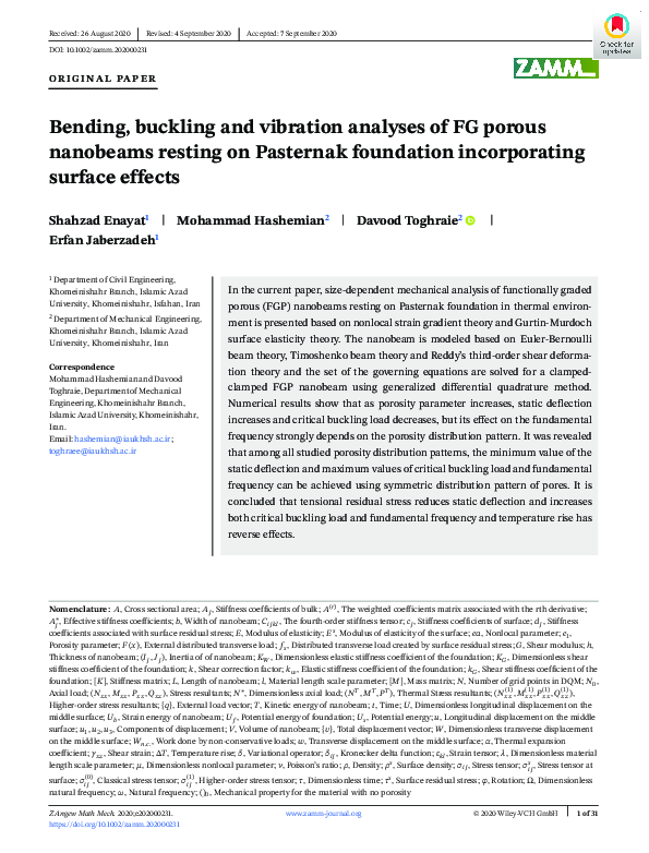 (PDF) Bending, buckling and vibration analyses of FG porous nanobeams ...