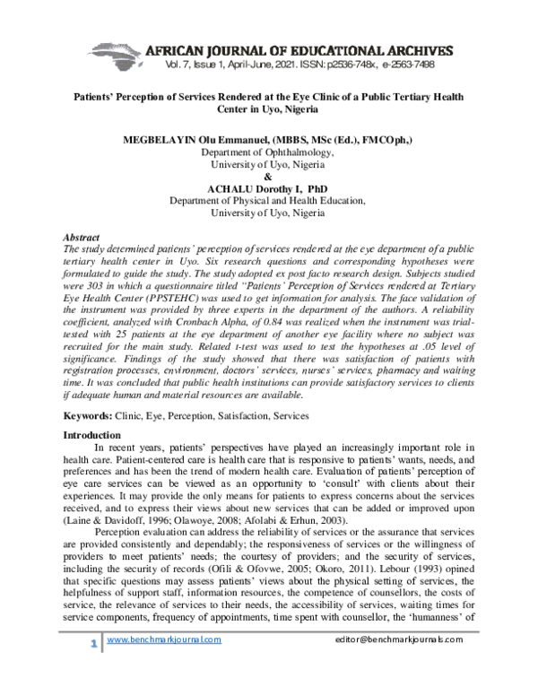 (PDF) Patients' Perception of Services Rendered at the Eye Clinic of a ...