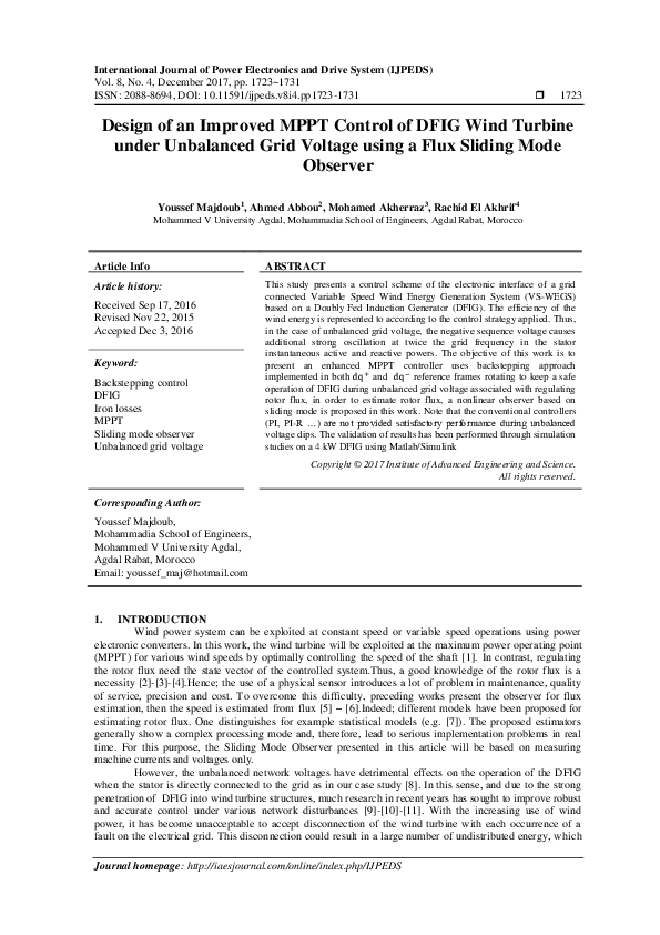 (PDF) Design of an Improved MPPT Control of DFIG Wind Turbine under ...