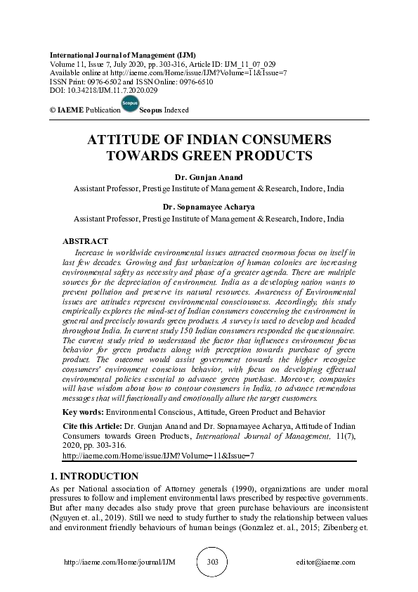 (PDF) ATTITUDE OF INDIAN CONSUMERS TOWARDS GREEN PRODUCTS